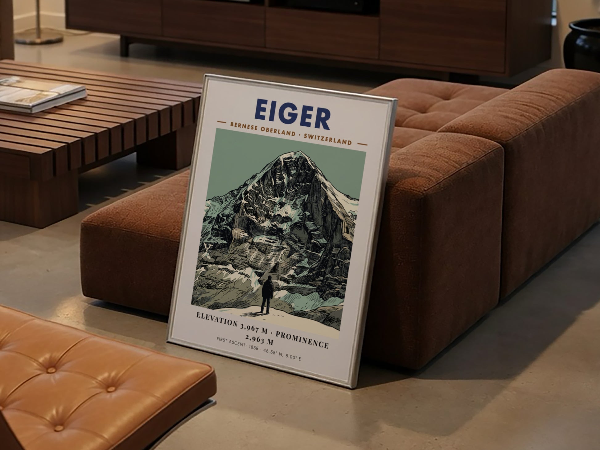 Poster of the Eiger mountain in Switzerland with a figure standing in foreground.