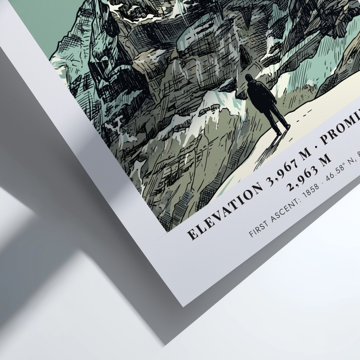 Poster of the Eiger mountain in Switzerland with a figure standing in foreground.
