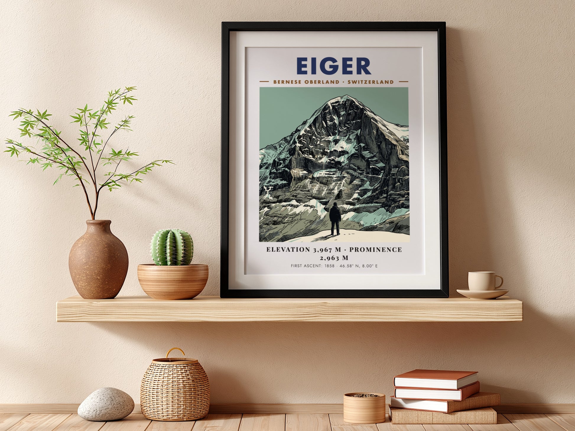Poster of the Eiger mountain in Switzerland with a figure standing in foreground.