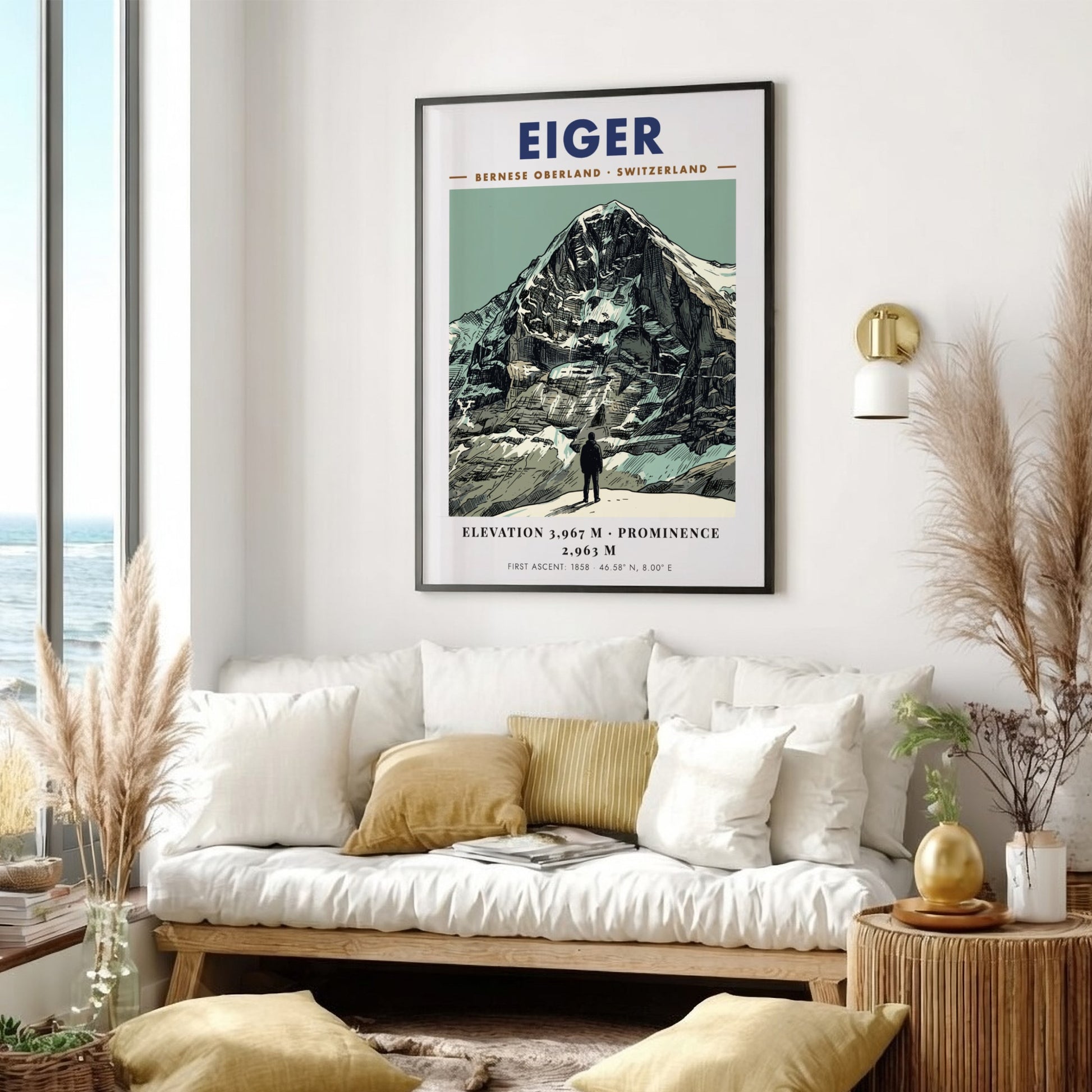 Poster of the Eiger mountain in Switzerland with a figure standing in foreground.