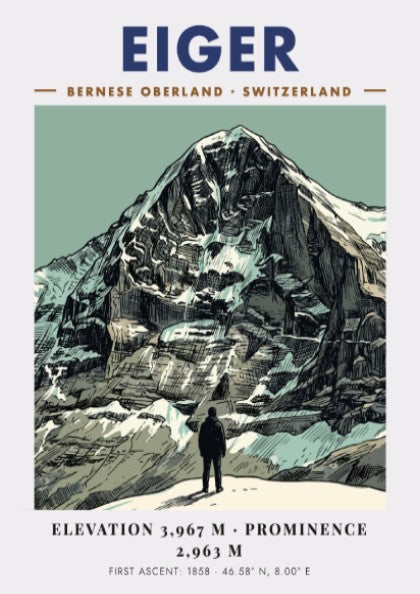 Poster of the Eiger mountain in Switzerland with a figure standing in foreground.