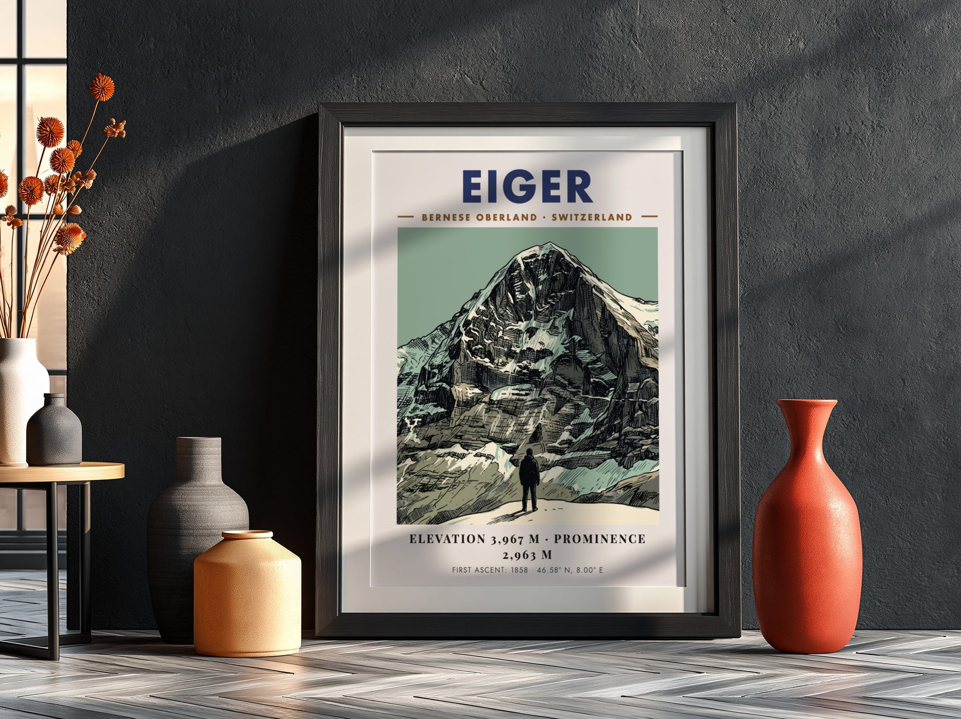 Poster of the Eiger mountain in Switzerland with a figure standing in foreground.