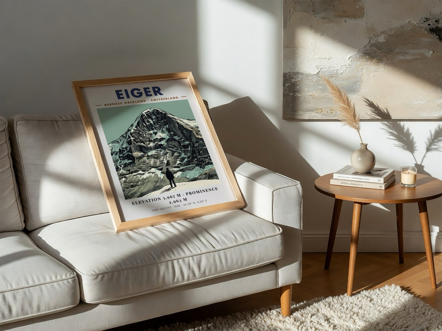Poster of the Eiger mountain in Switzerland with a figure standing in foreground.