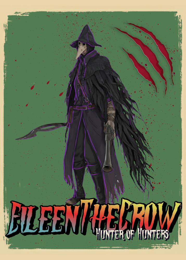 Illustration of Eileen The Crow from Bloodborne, set against a green background with red claw marks.