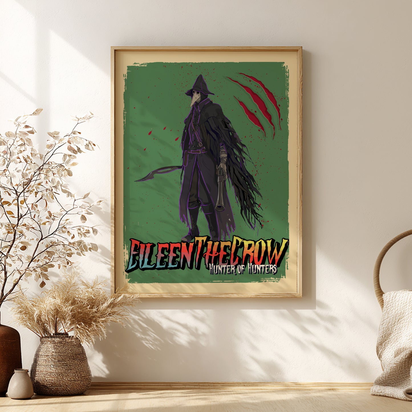 Framed poster of Eileen The Crow from Bloodborne on a green background, placed on a wall.