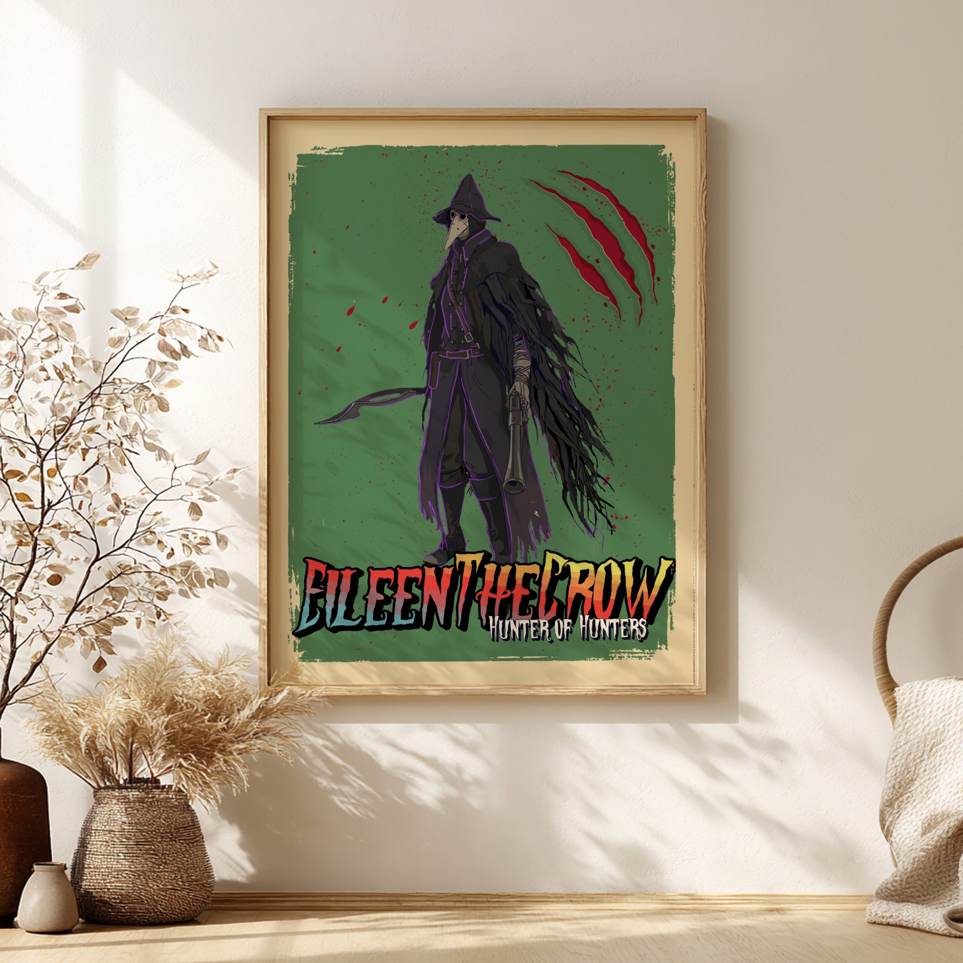 Framed poster of Eileen The Crow from Bloodborne on a green background, placed on a wall.