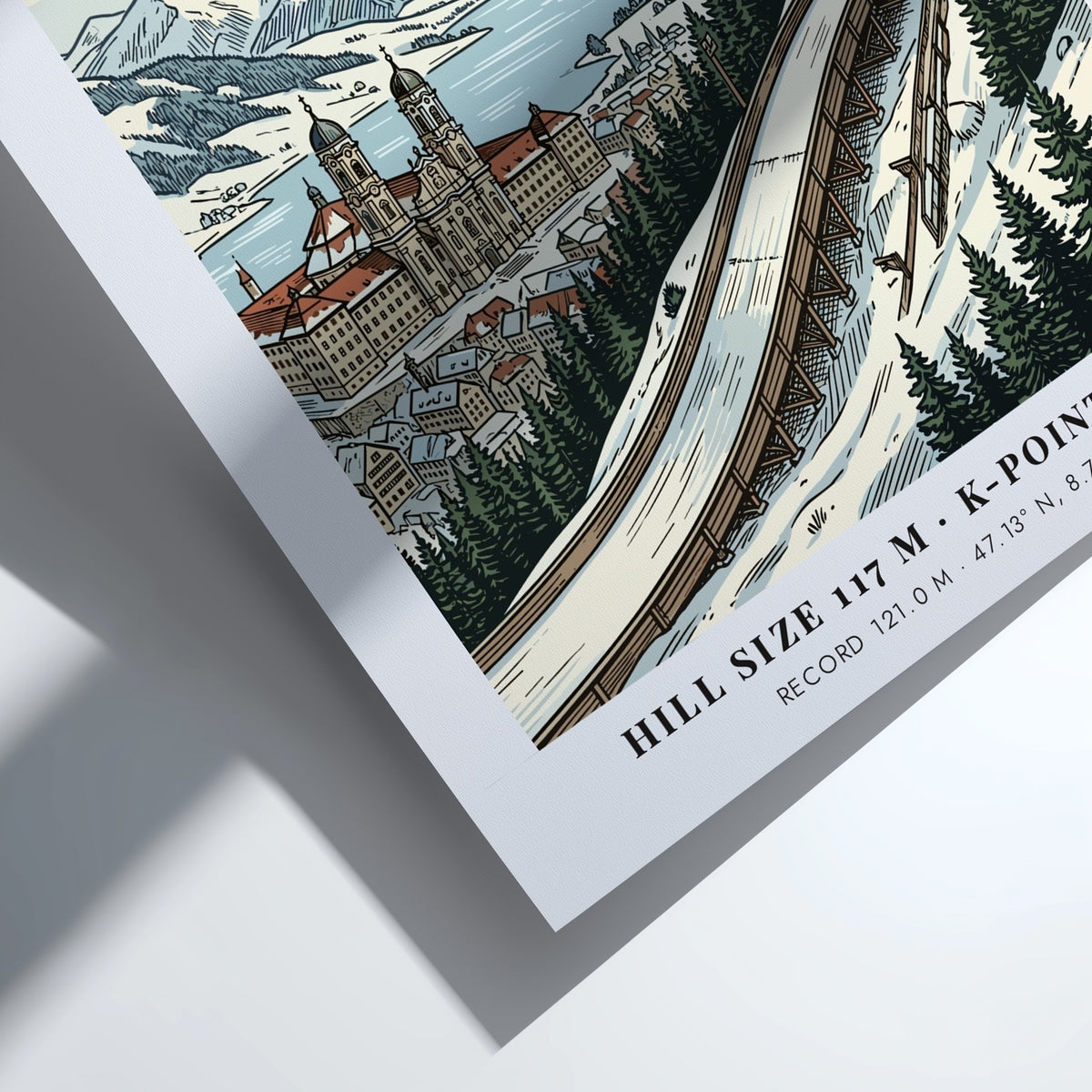 Poster of Einsiedeln ski jumping featuring the Swiss monastery and mountains in winter.