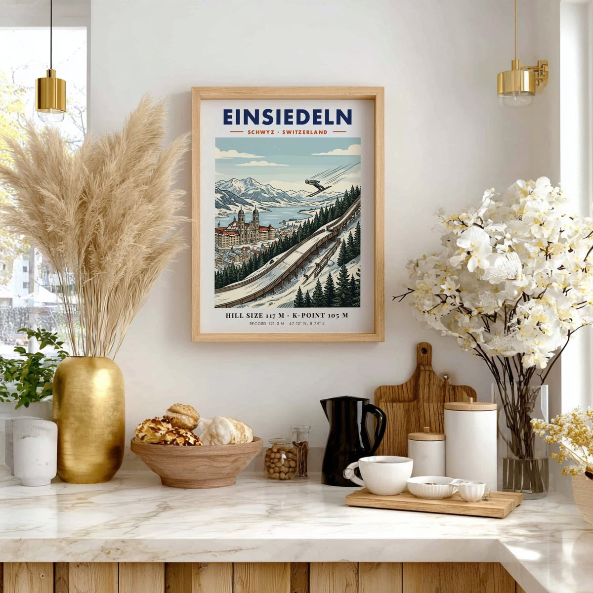 Poster of Einsiedeln ski jumping featuring the Swiss monastery and mountains in winter.
