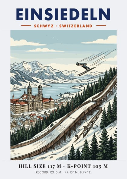 Poster of Einsiedeln ski jumping featuring the Swiss monastery and mountains in winter.