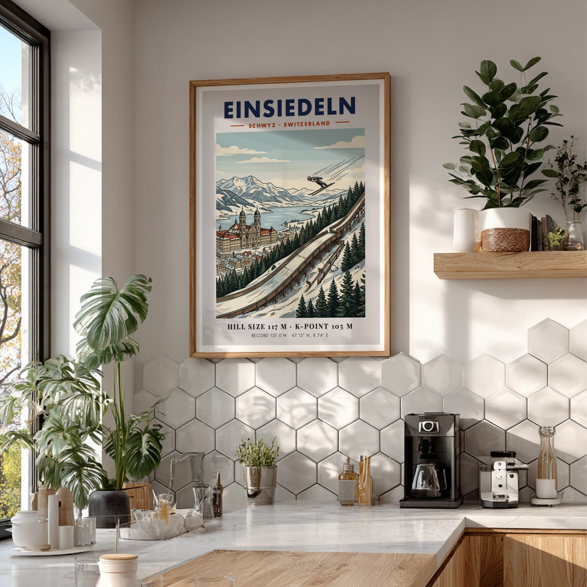 Poster of Einsiedeln ski jumping featuring the Swiss monastery and mountains in winter.