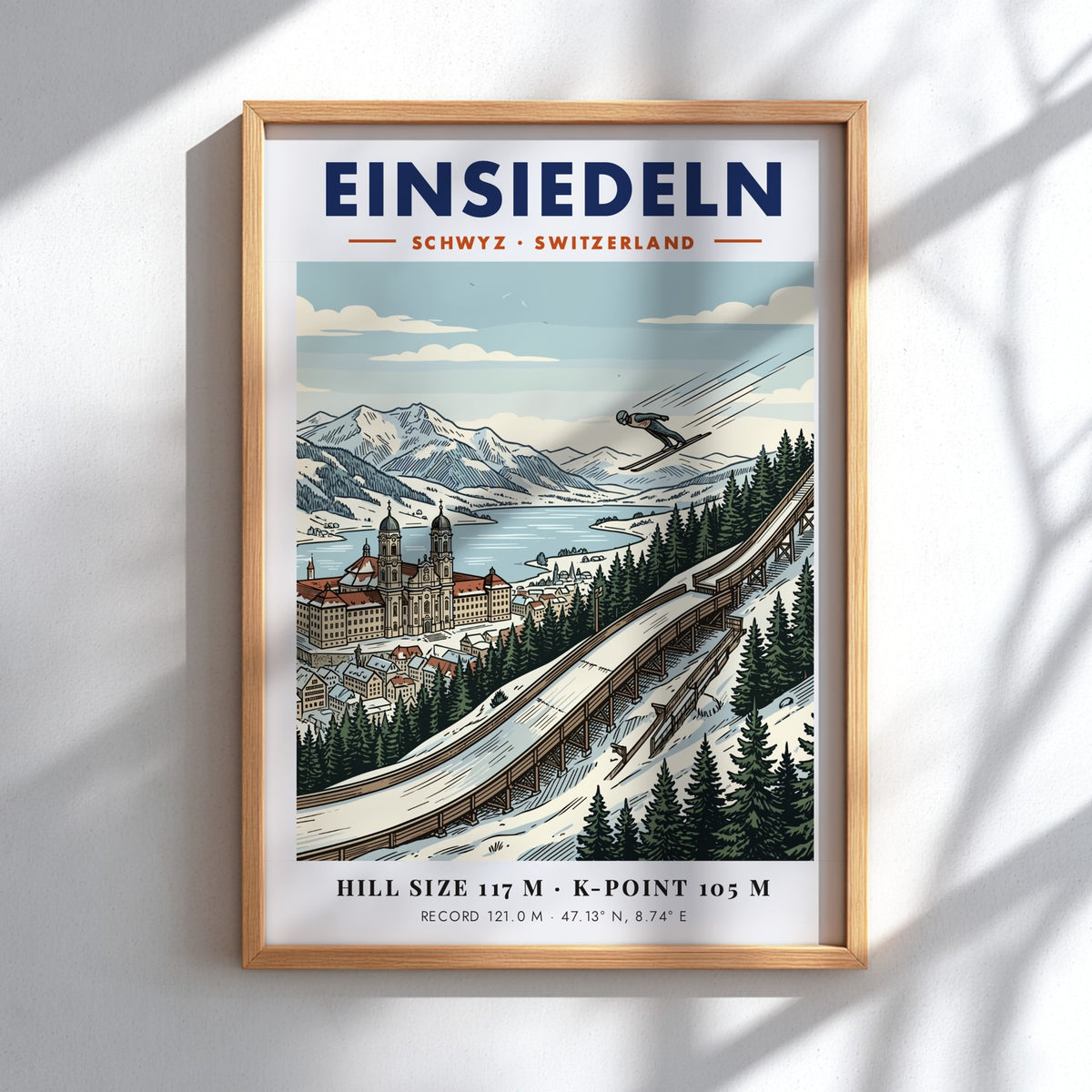 Poster of Einsiedeln ski jumping featuring the Swiss monastery and mountains in winter.