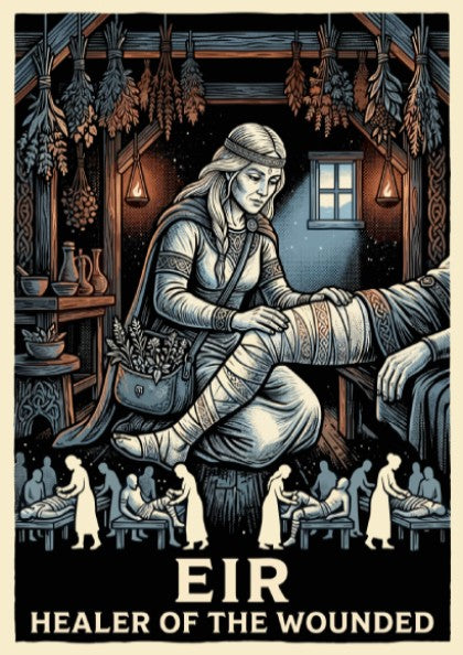 Poster featuring Norse goddess Eir healing the wounded in a detailed woodcut style illustration.