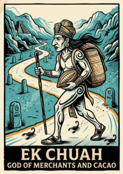 Poster of Ek Chuah, the Mayan god of merchants and cacao, walking near pyramids.