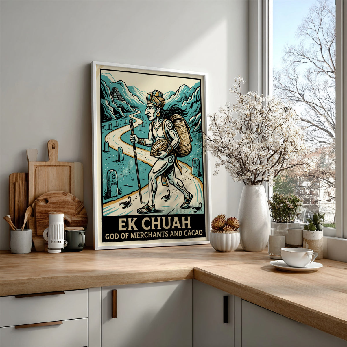 Poster of Ek Chuah, the Mayan god of merchants and cacao, walking near pyramids.