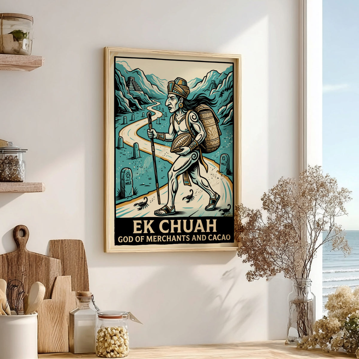 Poster of Ek Chuah, the Mayan god of merchants and cacao, walking near pyramids.