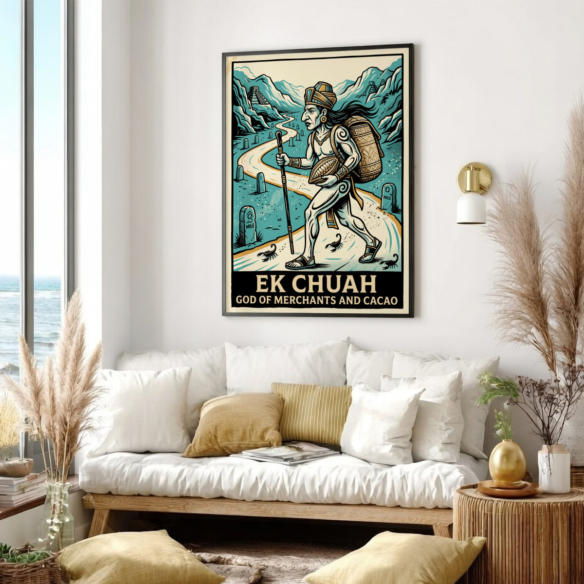 Poster of Ek Chuah, the Mayan god of merchants and cacao, walking near pyramids.