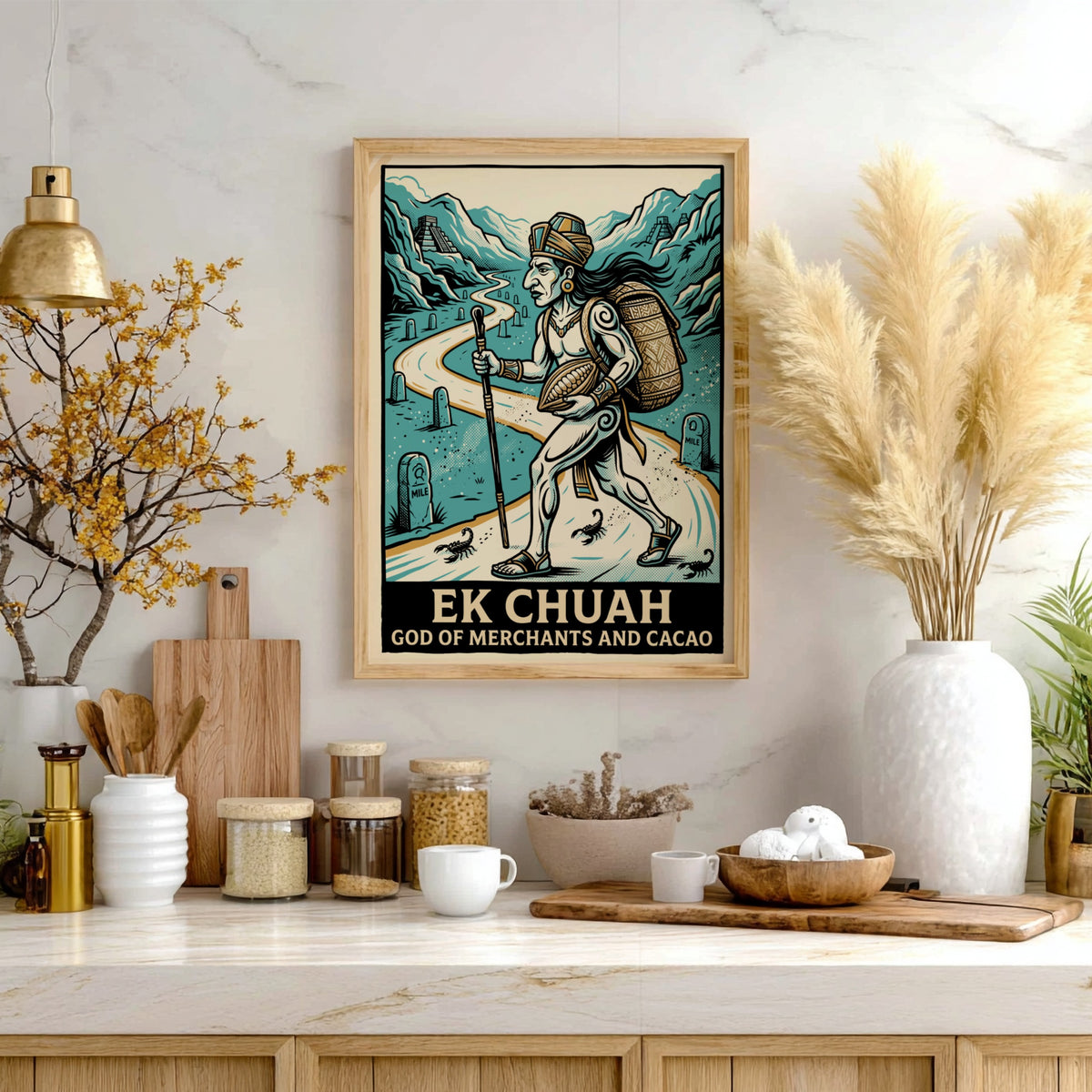 Poster of Ek Chuah, the Mayan god of merchants and cacao, walking near pyramids.