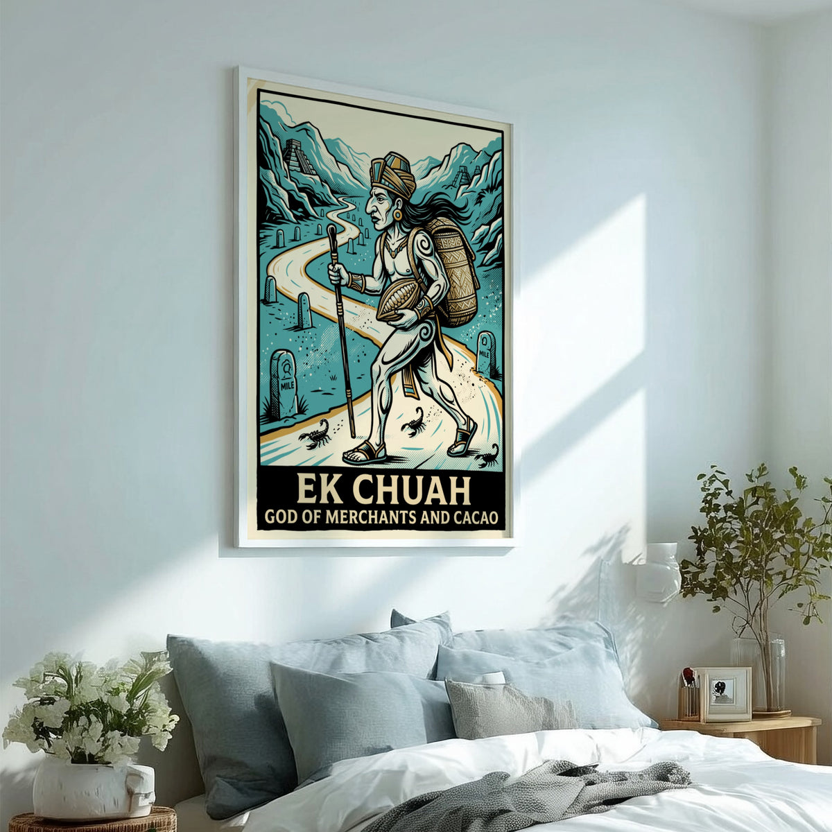 Poster of Ek Chuah, the Mayan god of merchants and cacao, walking near pyramids.