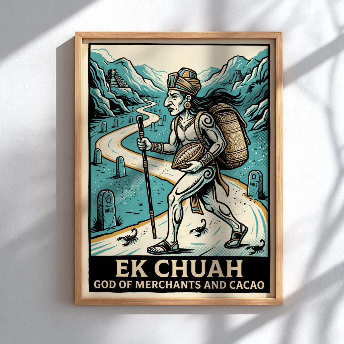 Poster of Ek Chuah, the Mayan god of merchants and cacao, walking near pyramids.