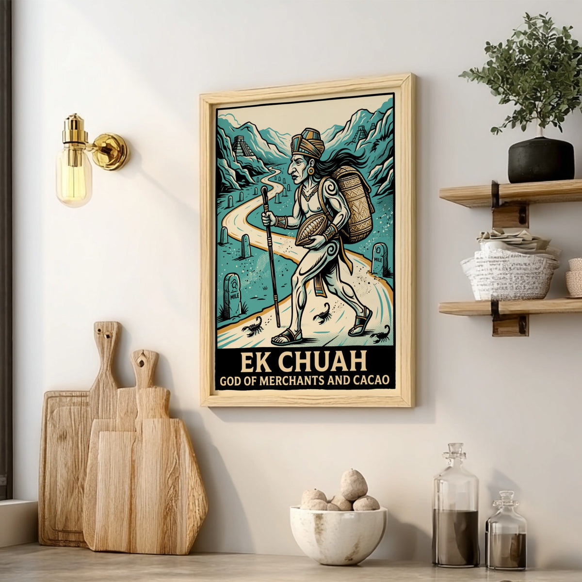 Poster of Ek Chuah, the Mayan god of merchants and cacao, walking near pyramids.
