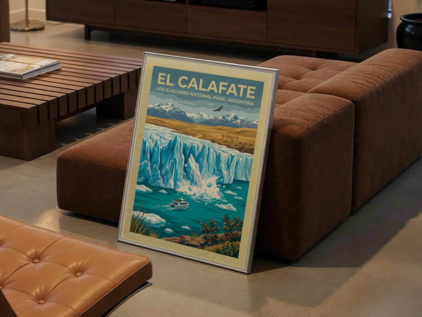 Travel poster of El Calafate featuring a glacier, a boat, and snowy mountains.