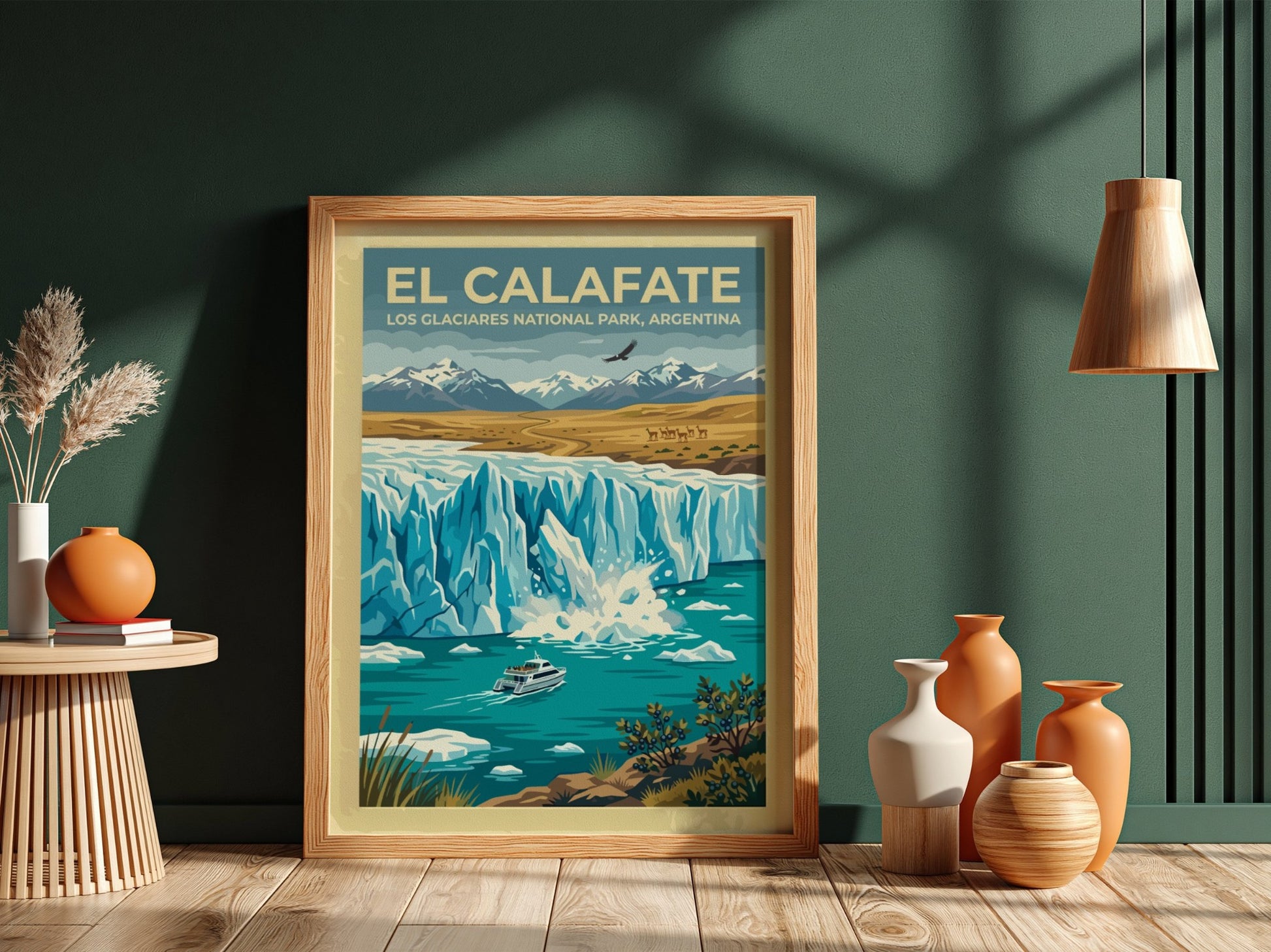 Travel poster of El Calafate featuring a glacier, a boat, and snowy mountains.