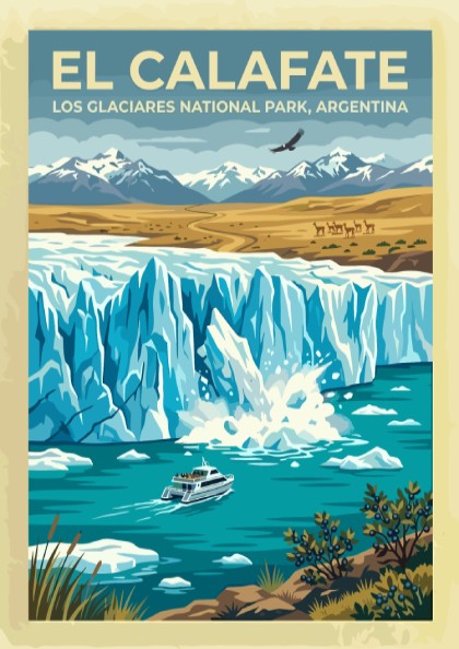 Travel poster of El Calafate featuring a glacier, a boat, and snowy mountains.