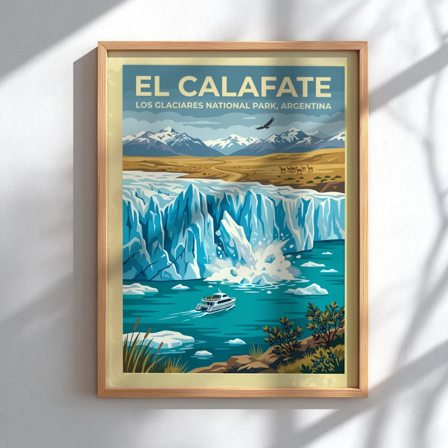 Travel poster of El Calafate featuring a glacier, a boat, and snowy mountains.
