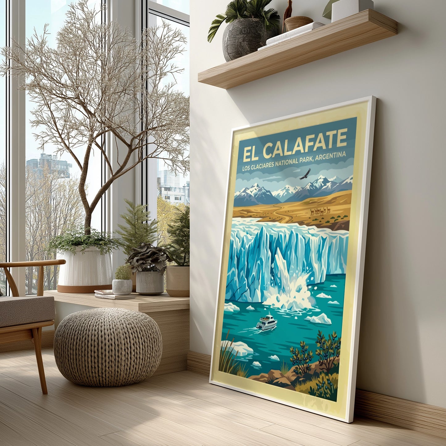 Travel poster of El Calafate featuring a glacier, a boat, and snowy mountains.