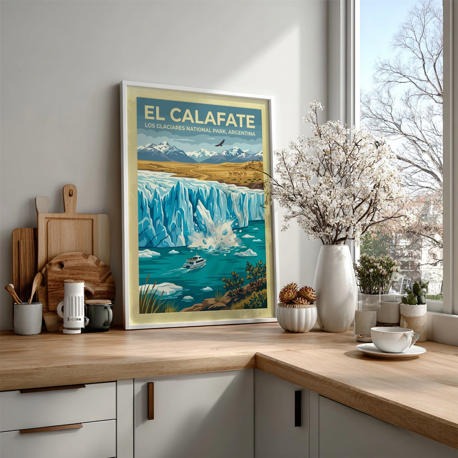 Travel poster of El Calafate featuring a glacier, a boat, and snowy mountains.