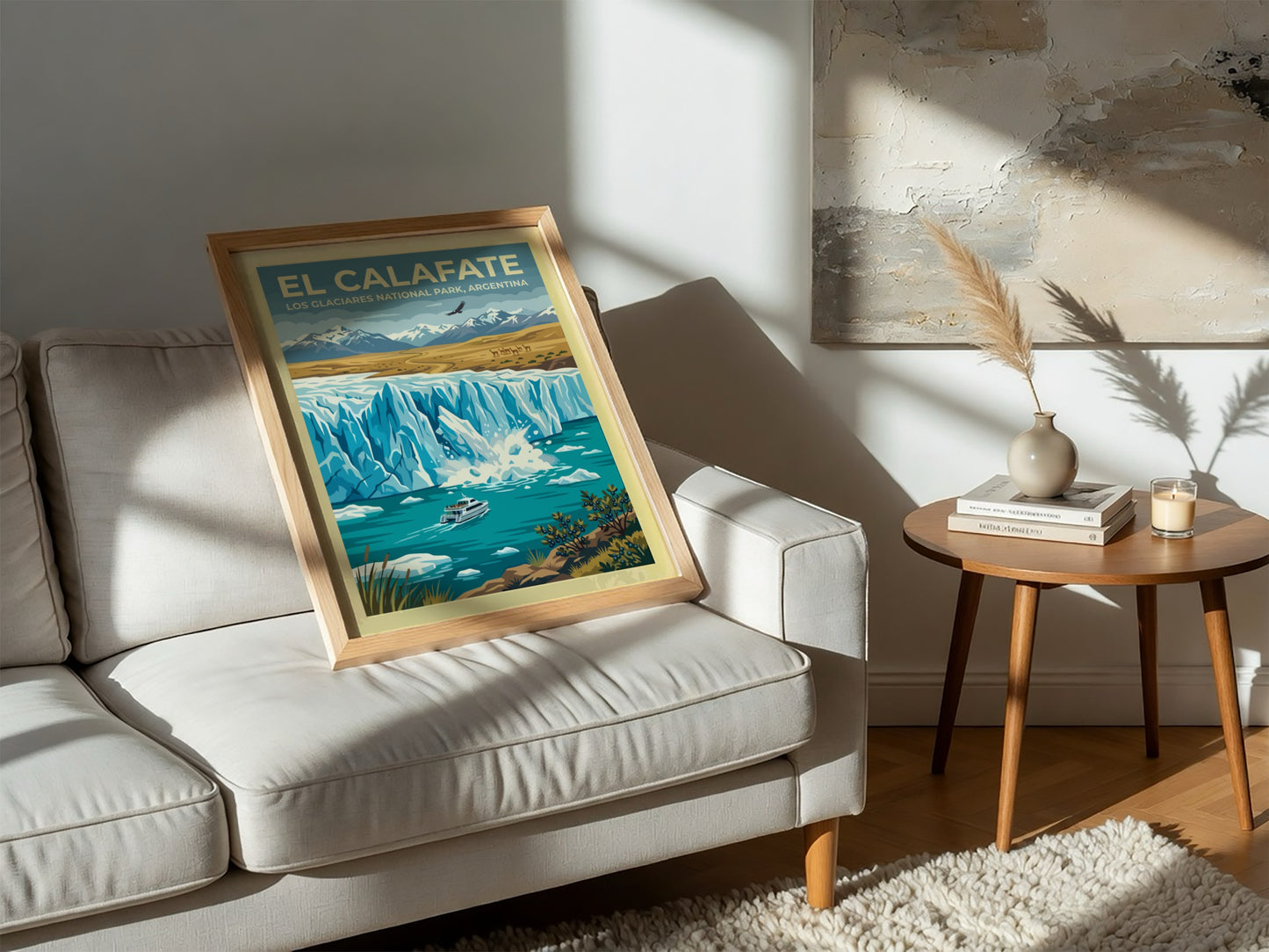 Travel poster of El Calafate featuring a glacier, a boat, and snowy mountains.