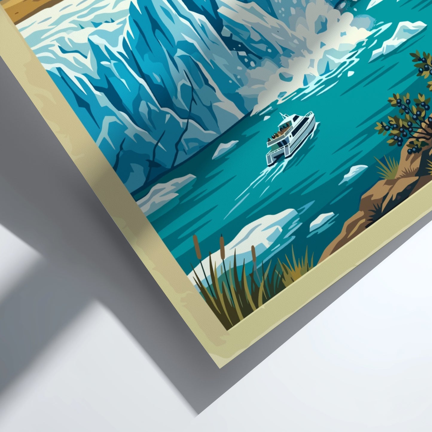 Travel poster of El Calafate featuring a glacier, a boat, and snowy mountains.