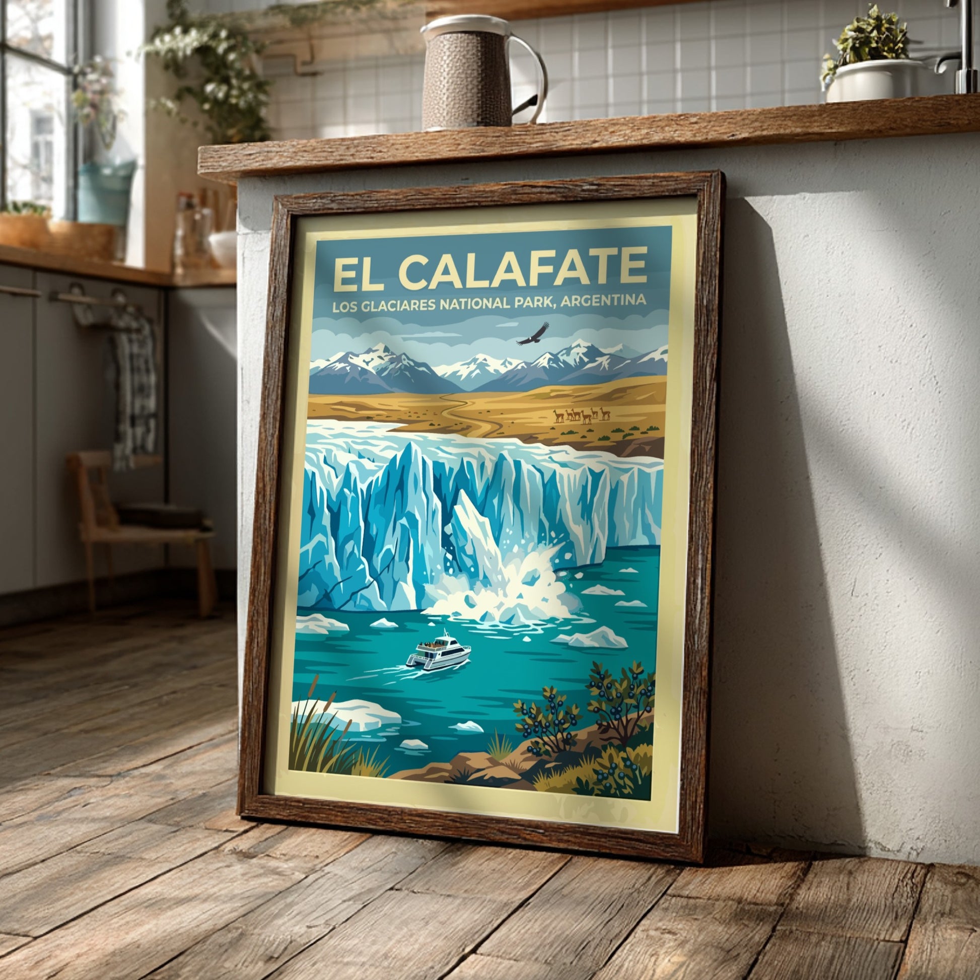 Travel poster of El Calafate featuring a glacier, a boat, and snowy mountains.