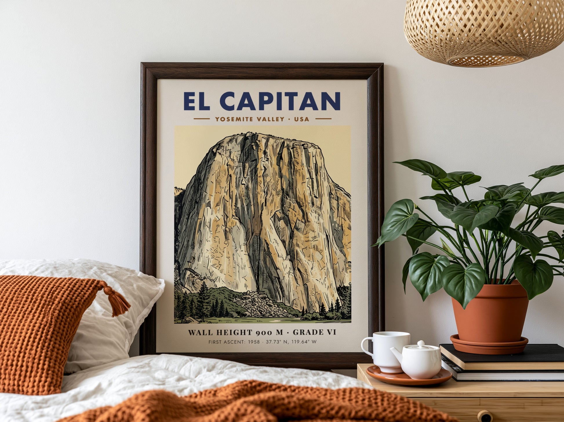 Poster of El Capitan in Yosemite Valley with detailed granite linework and earth tones.