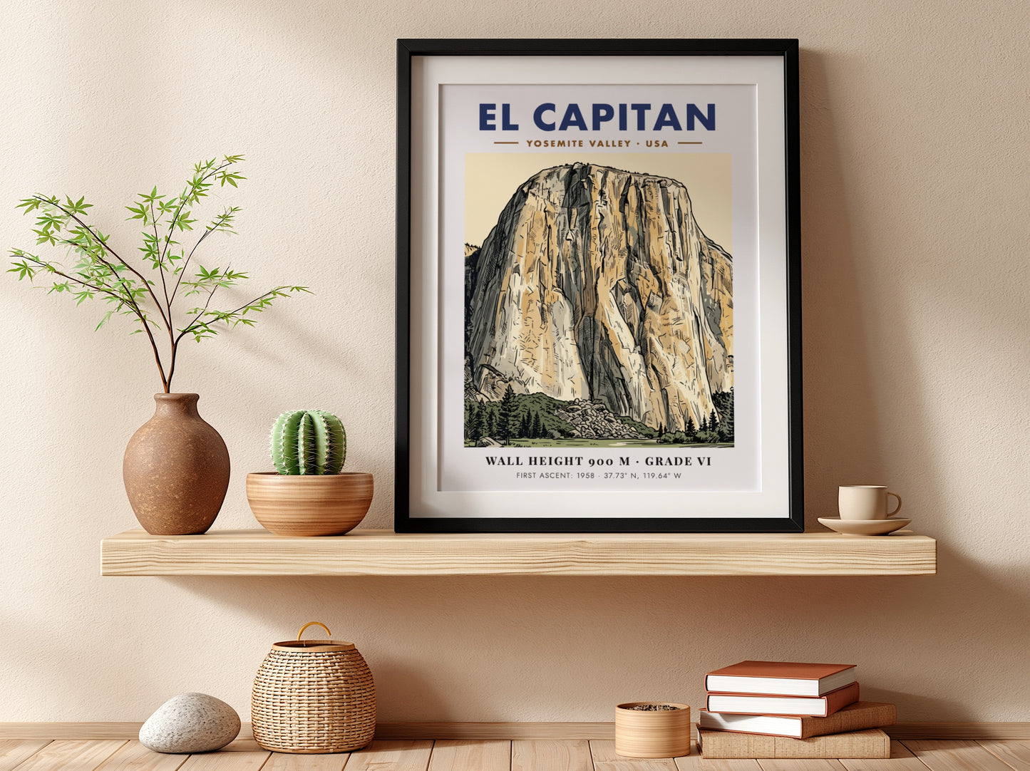 Poster of El Capitan in Yosemite Valley with detailed granite linework and earth tones.