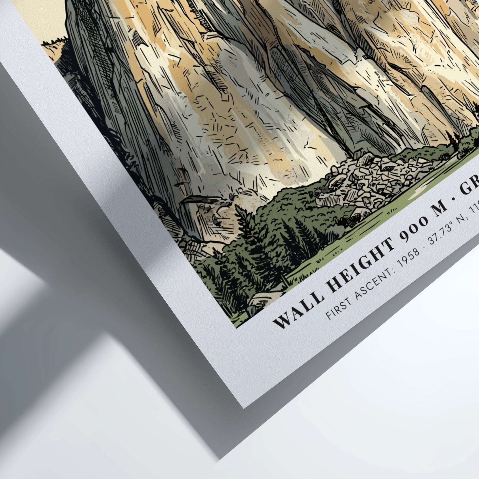 Poster of El Capitan in Yosemite Valley with detailed granite linework and earth tones.