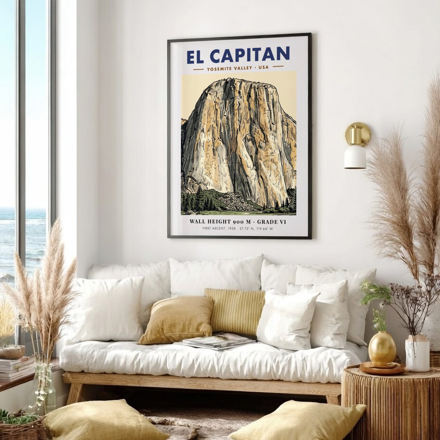 Poster of El Capitan in Yosemite Valley with detailed granite linework and earth tones.