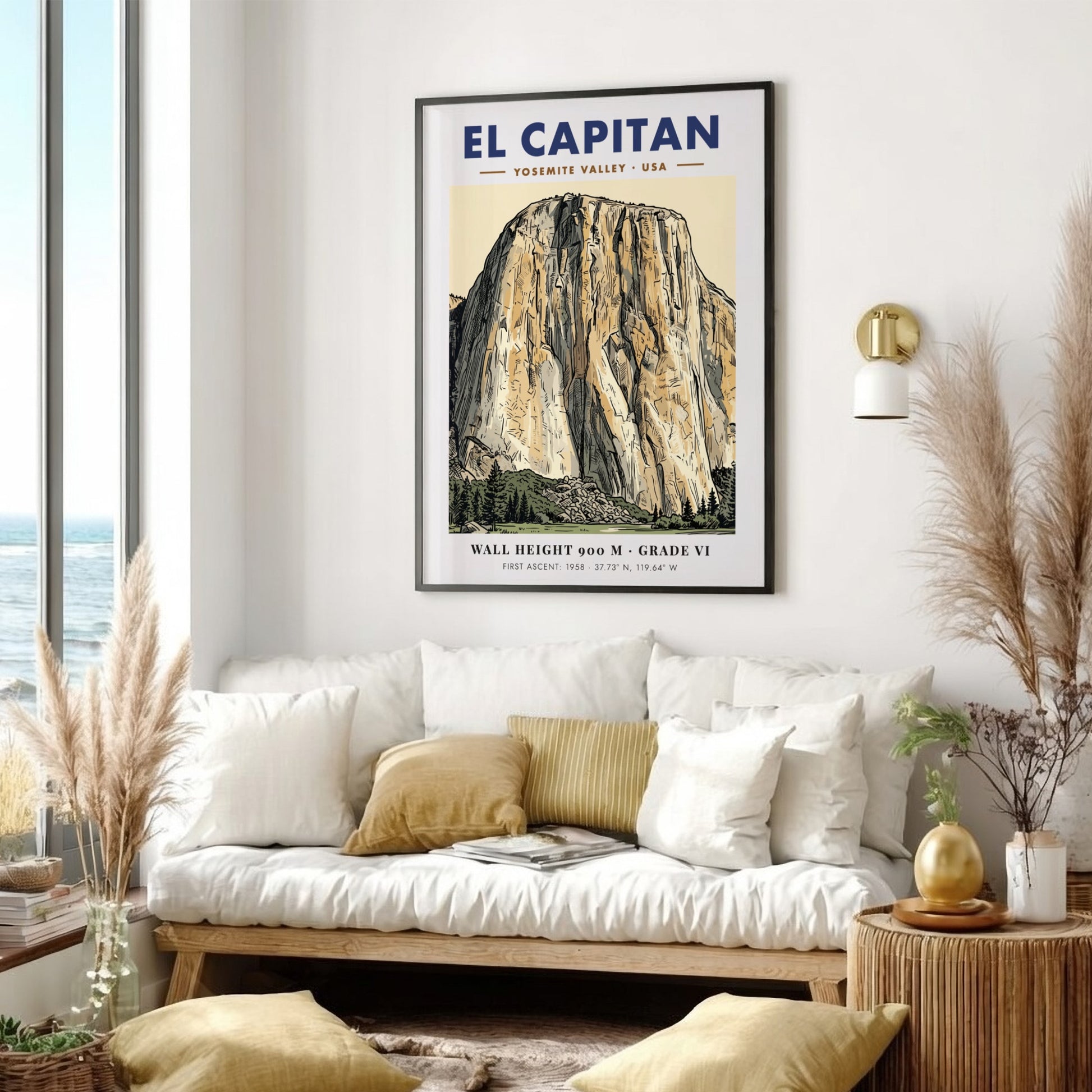 Poster of El Capitan in Yosemite Valley with detailed granite linework and earth tones.
