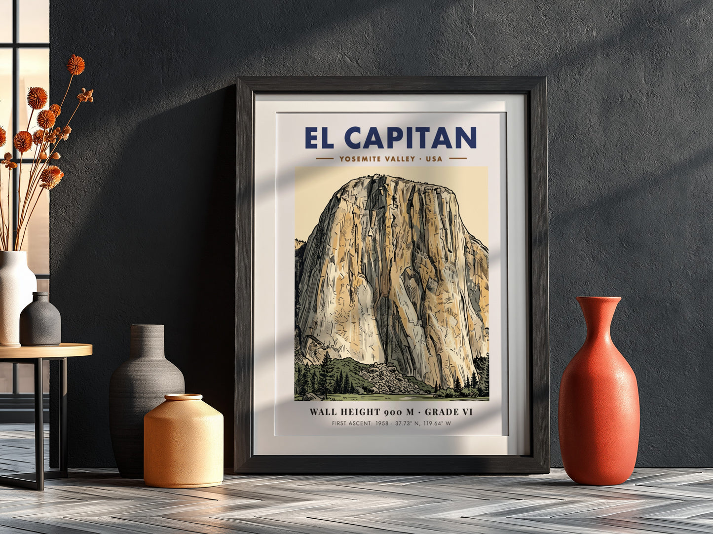 Poster of El Capitan in Yosemite Valley with detailed granite linework and earth tones.