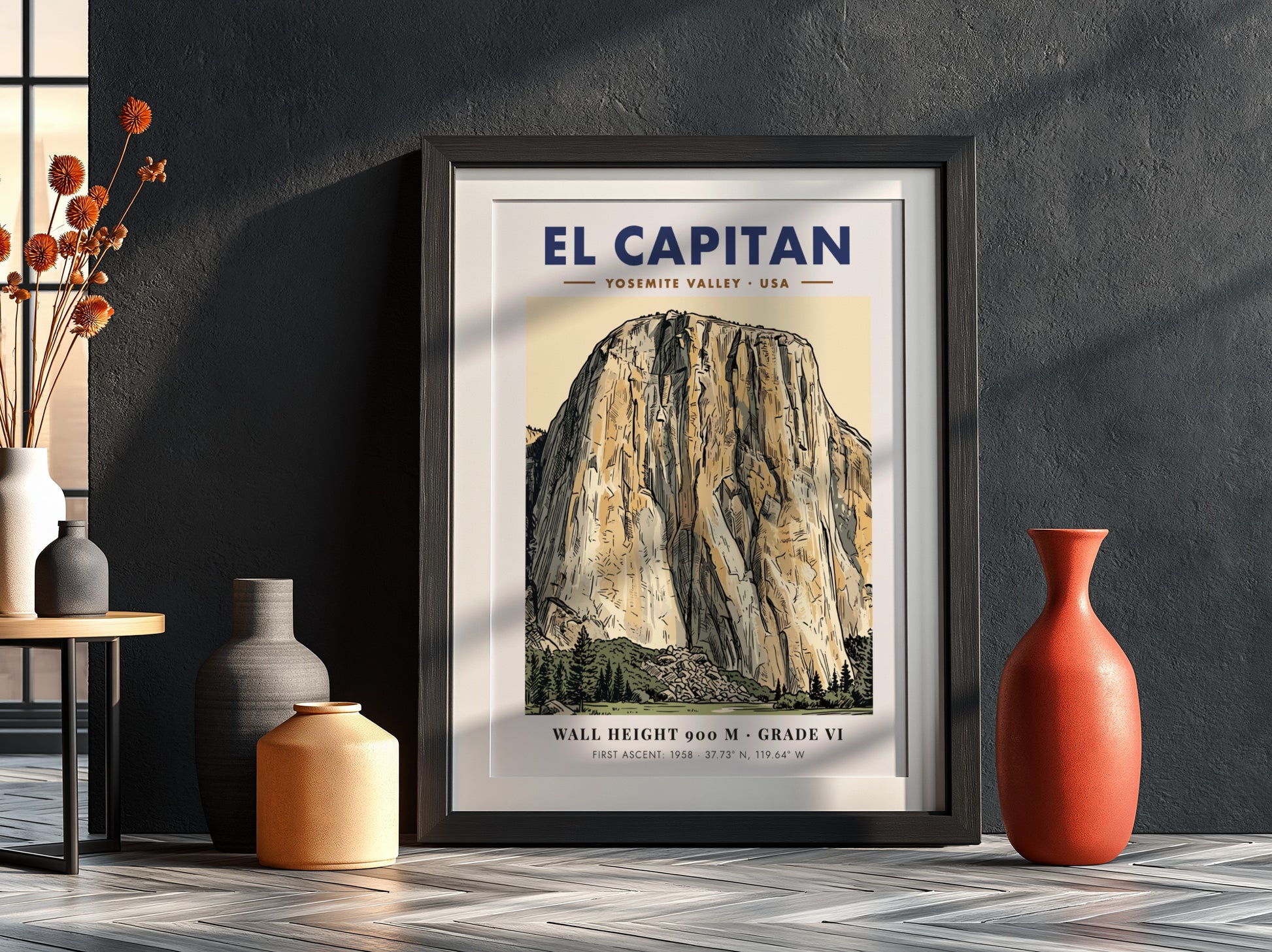 Poster of El Capitan in Yosemite Valley with detailed granite linework and earth tones.