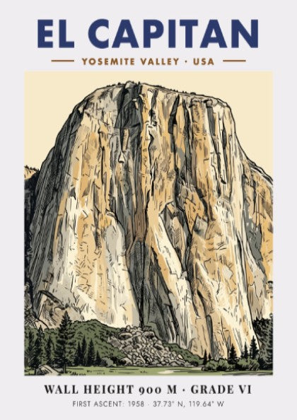 Poster of El Capitan in Yosemite Valley with detailed granite linework and earth tones.