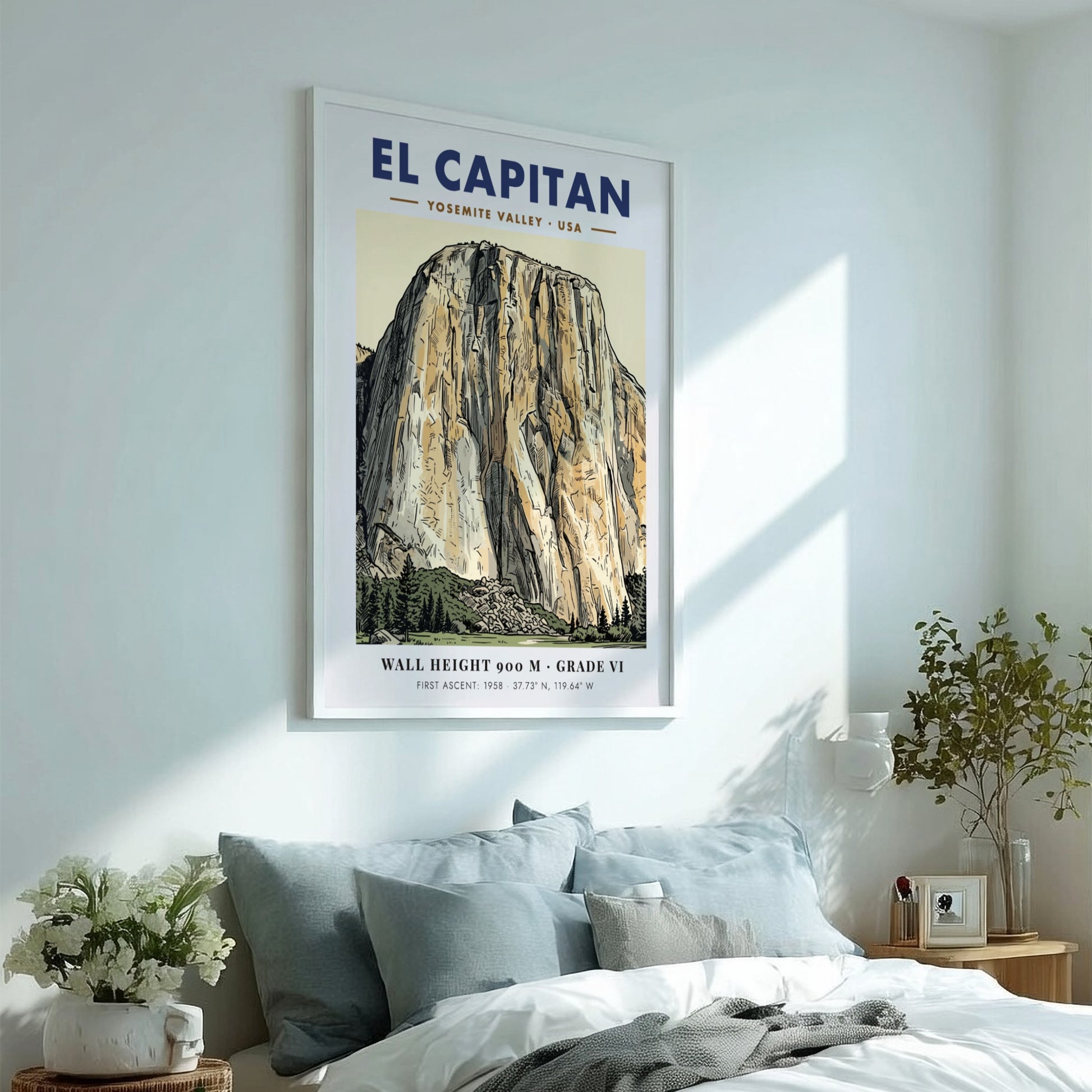 Poster of El Capitan in Yosemite Valley with detailed granite linework and earth tones.