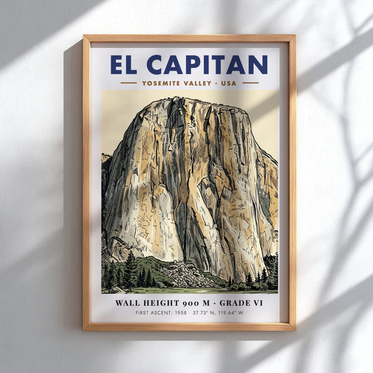 Poster of El Capitan in Yosemite Valley with detailed granite linework and earth tones.