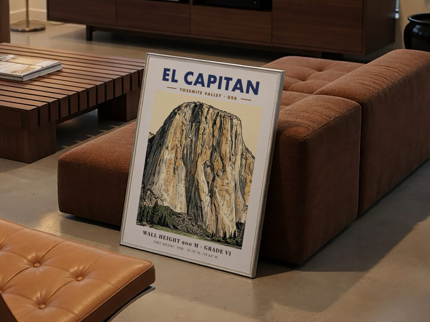 Poster of El Capitan in Yosemite Valley with detailed granite linework and earth tones.