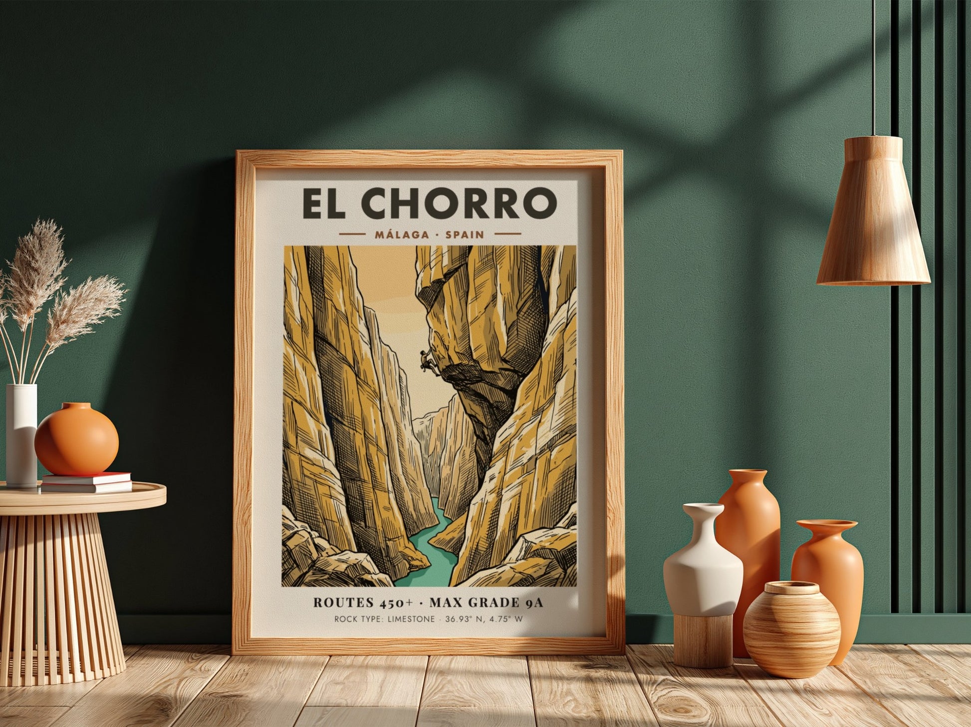 Climbing poster featuring the El Chorro canyon in Malaga Spain with golden cliffs.