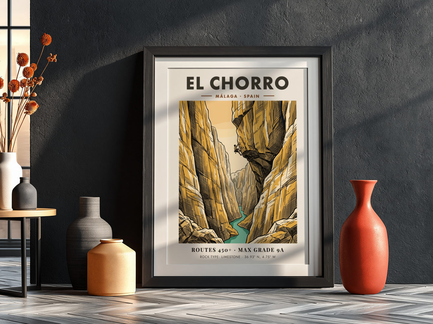 Climbing poster featuring the El Chorro canyon in Malaga Spain with golden cliffs.