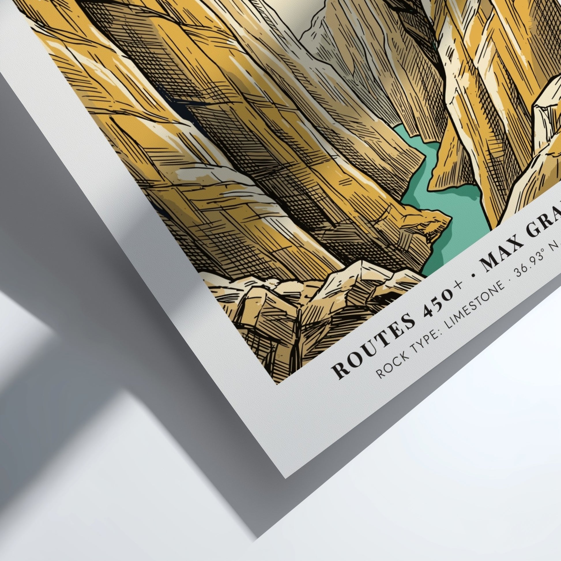 Climbing poster featuring the El Chorro canyon in Malaga Spain with golden cliffs.