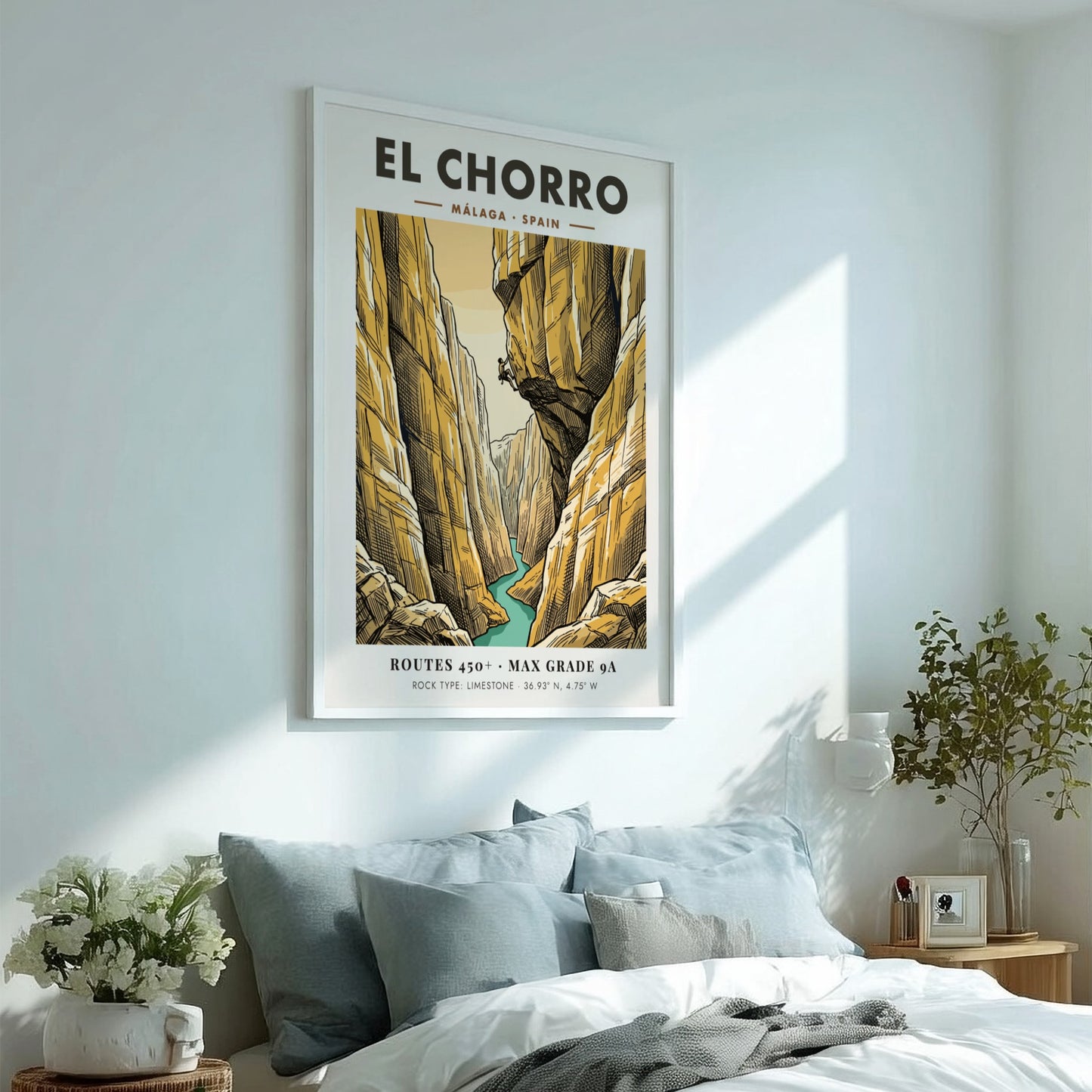 Climbing poster featuring the El Chorro canyon in Malaga Spain with golden cliffs.