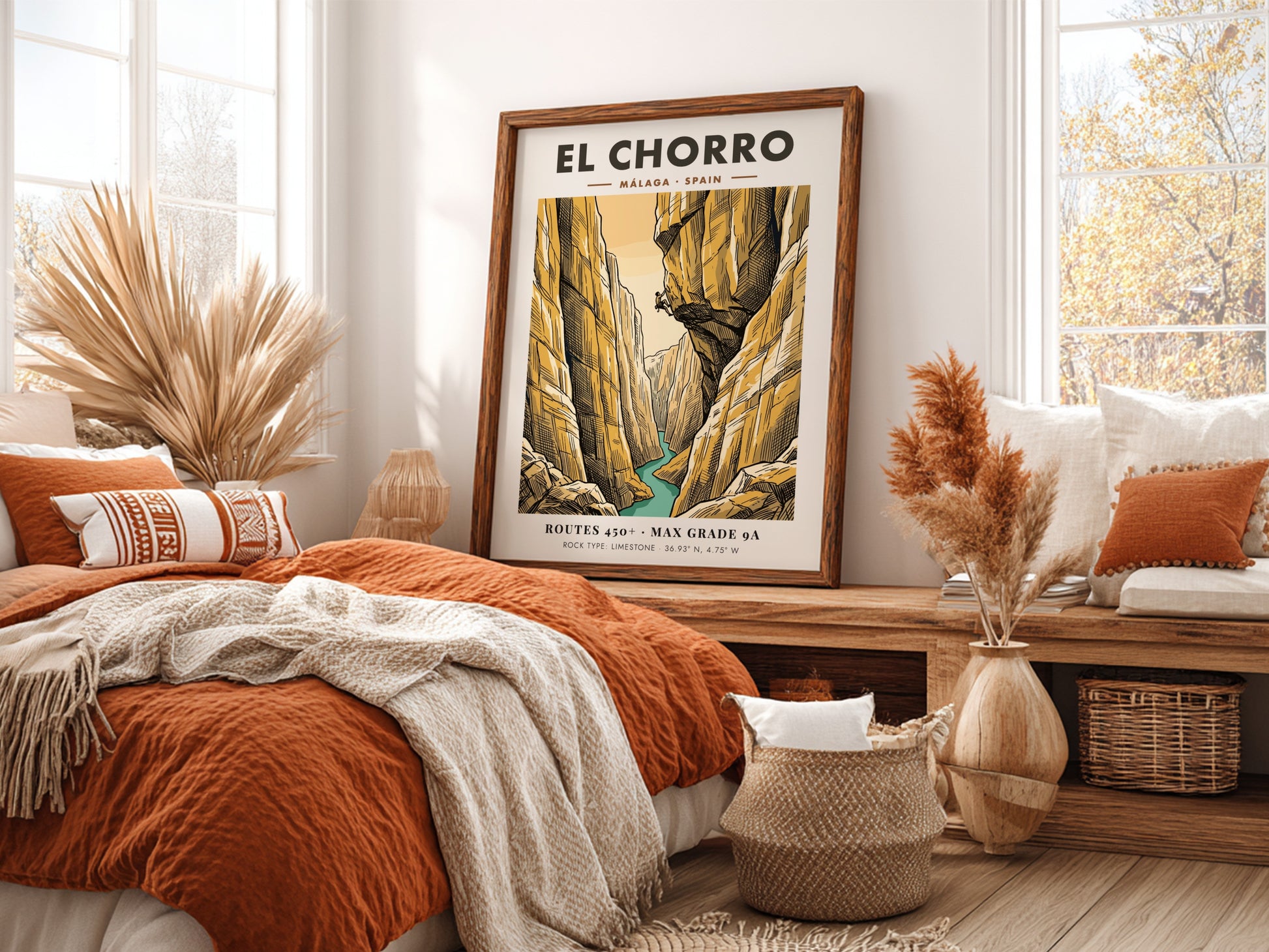 Climbing poster featuring the El Chorro canyon in Malaga Spain with golden cliffs.