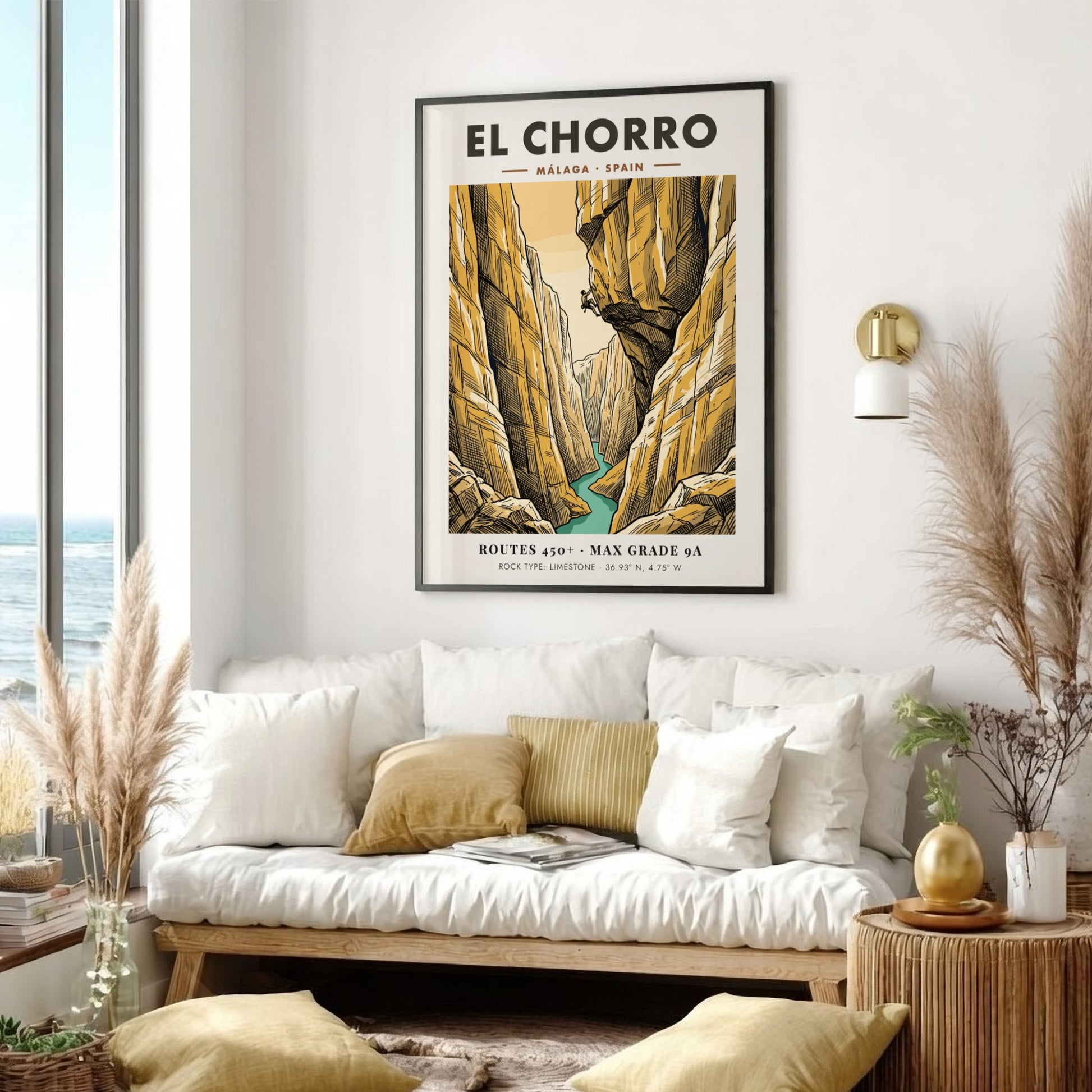 Climbing poster featuring the El Chorro canyon in Malaga Spain with golden cliffs.
